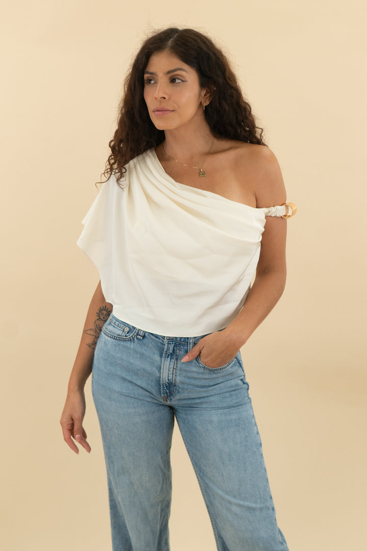 jluxlabel cream off shoulder crepe top (s; retail $70)
