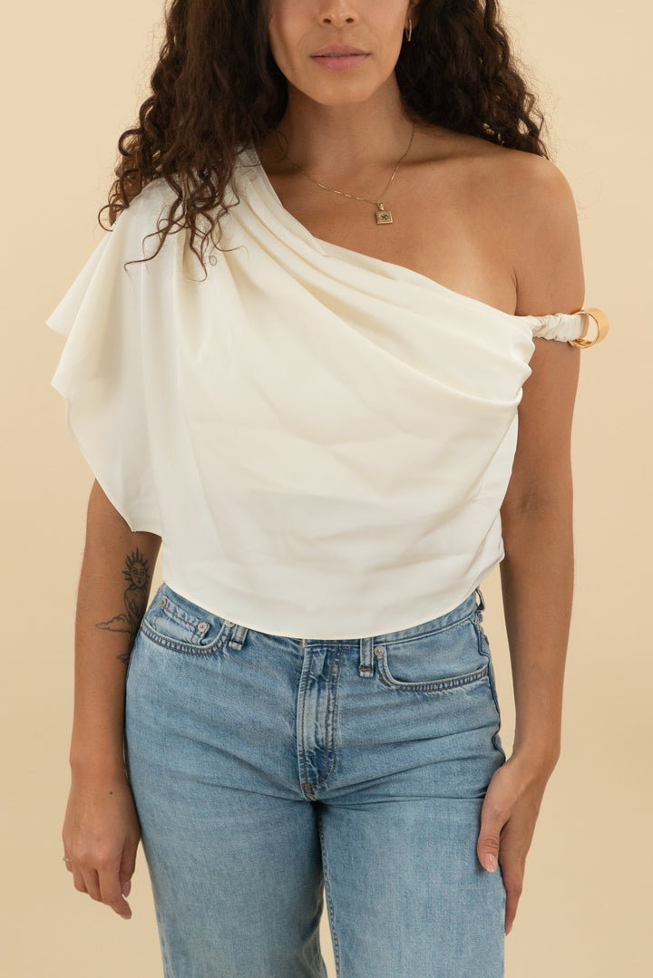 jluxlabel cream off shoulder crepe top (s; retail $70)