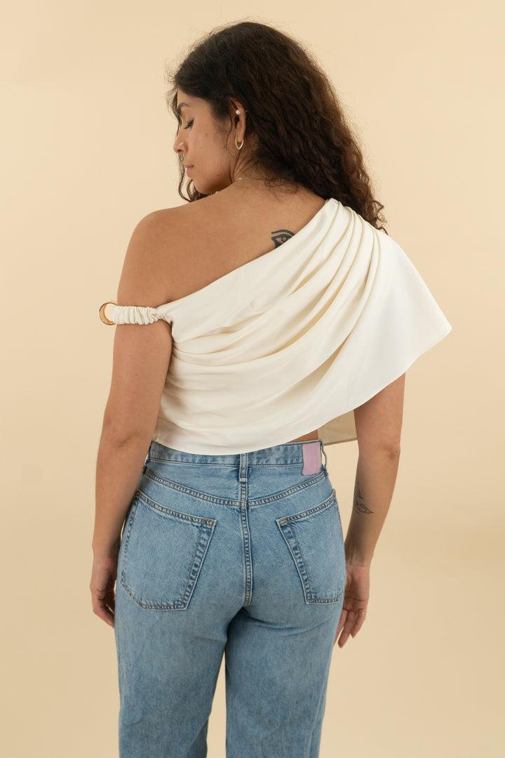 jluxlabel cream off shoulder crepe top (s; retail $70)