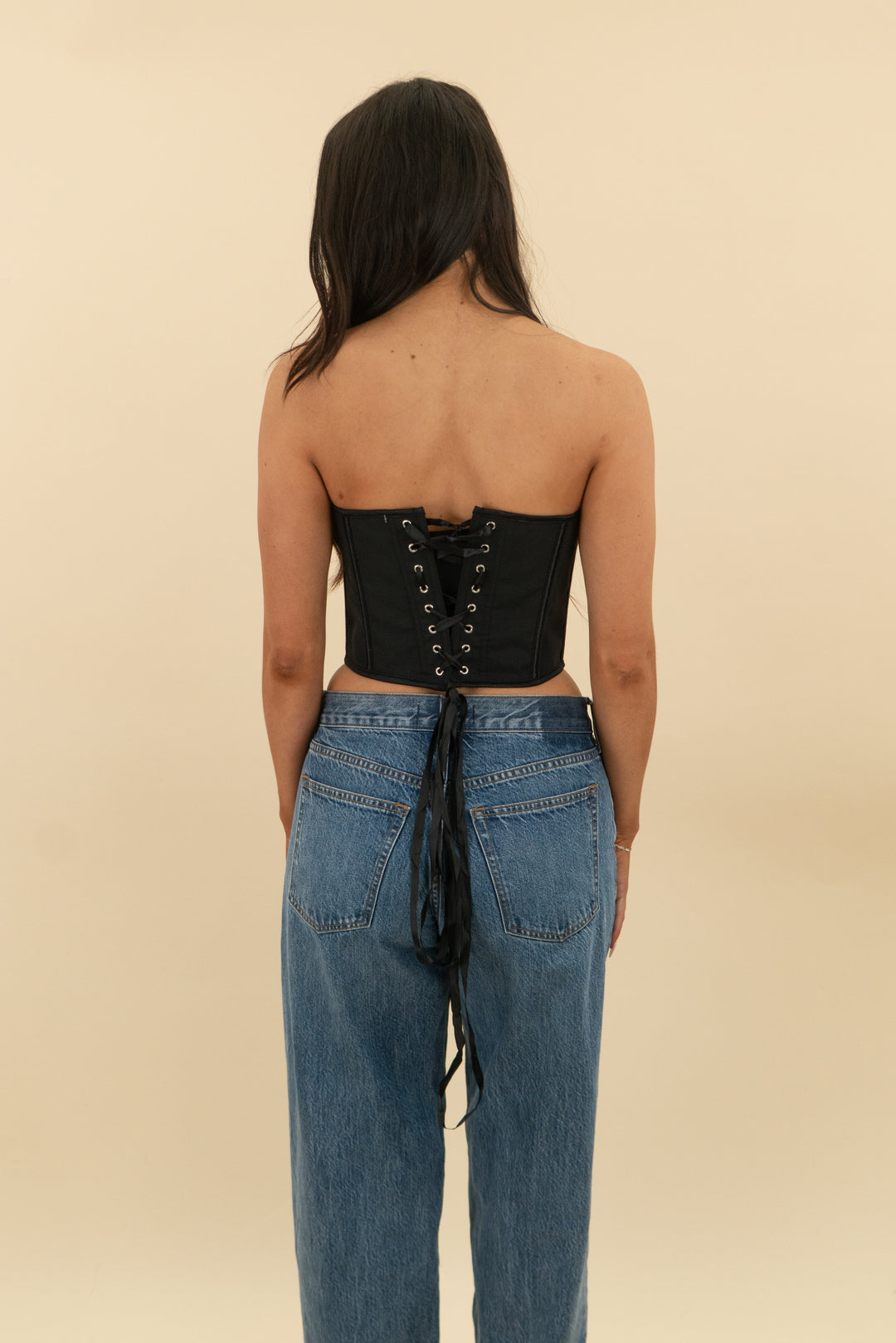 black lace up strapless corset top (s; retail $49)