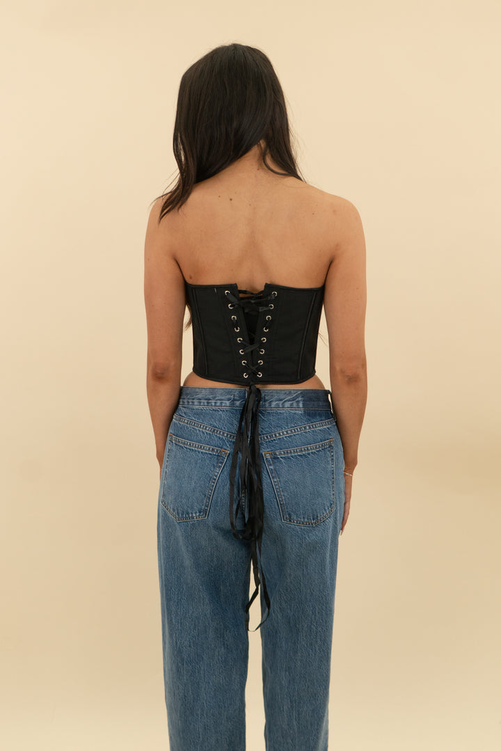 black lace up strapless corset top (s; retail $49)