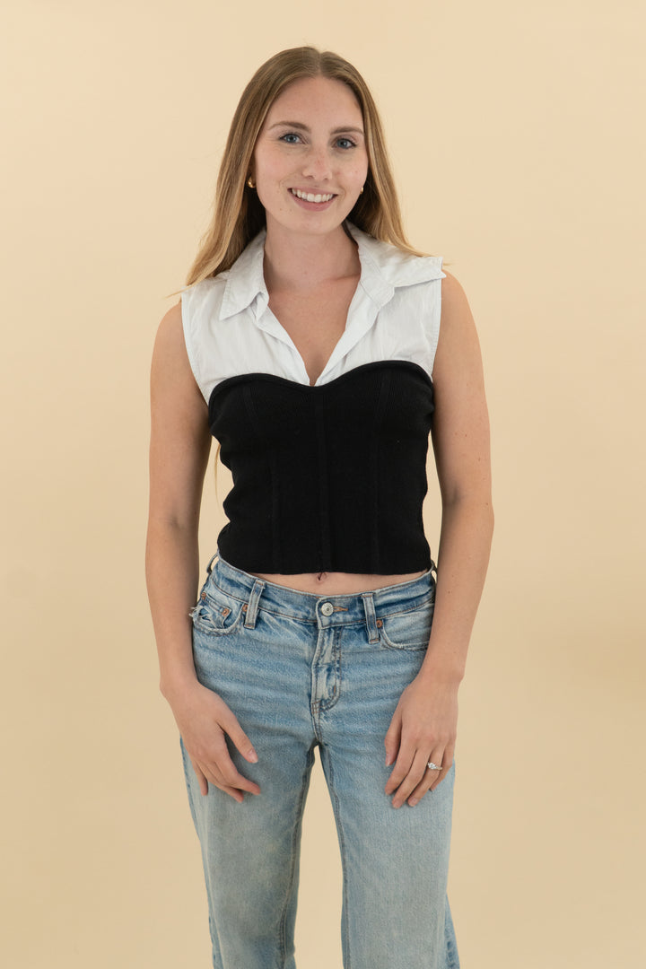*AUCTION* maeve black/white sleeveless collared top (xs)