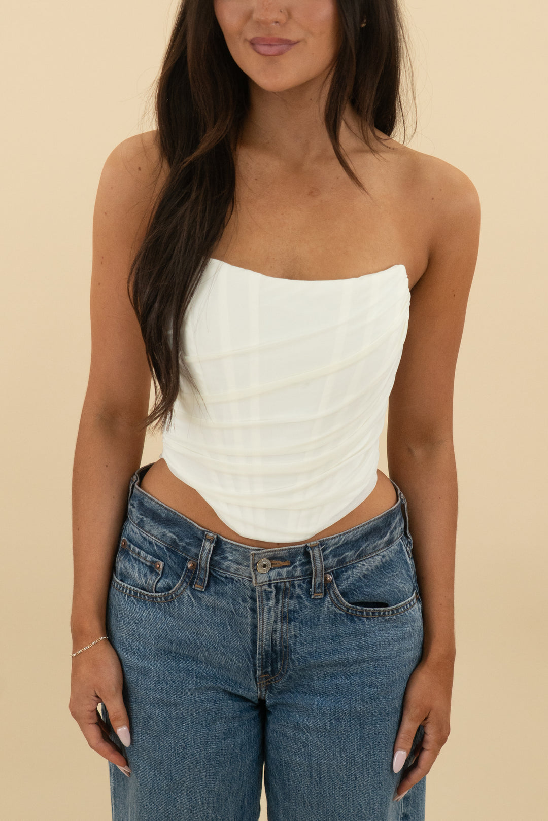 cream strapless bustier top (s; retail $39)