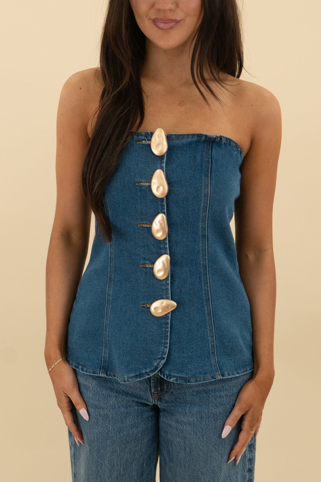 *AUCTION* denim strapless top w/ gold buttons (s)