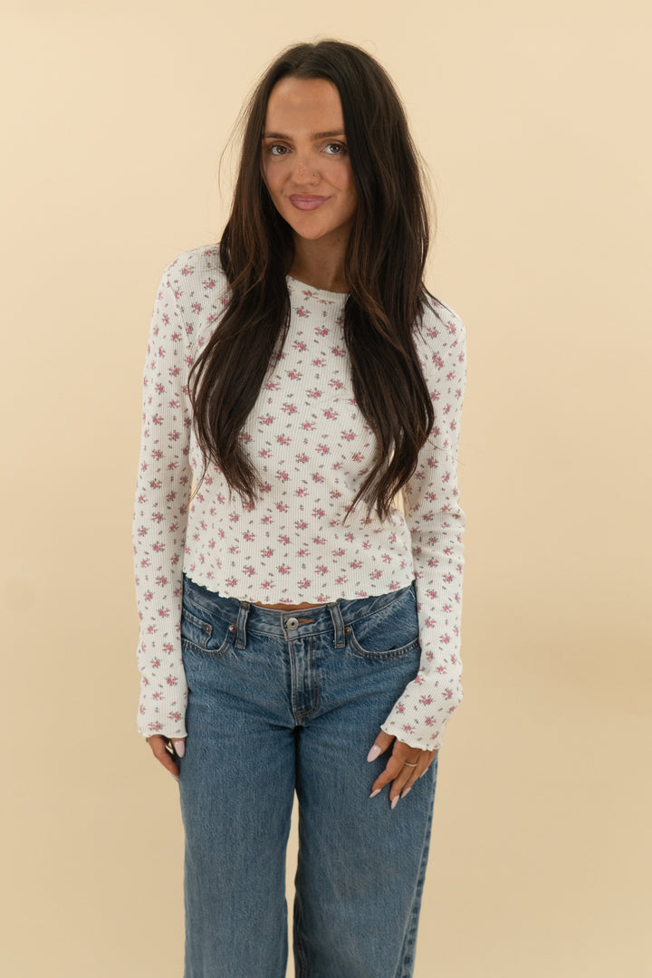lucky brand white pink floral waffle weave long sleeve top (m)