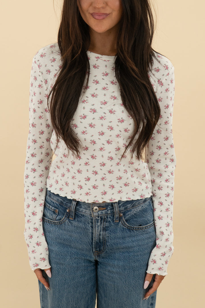 lucky brand white pink floral waffle weave long sleeve top (m)