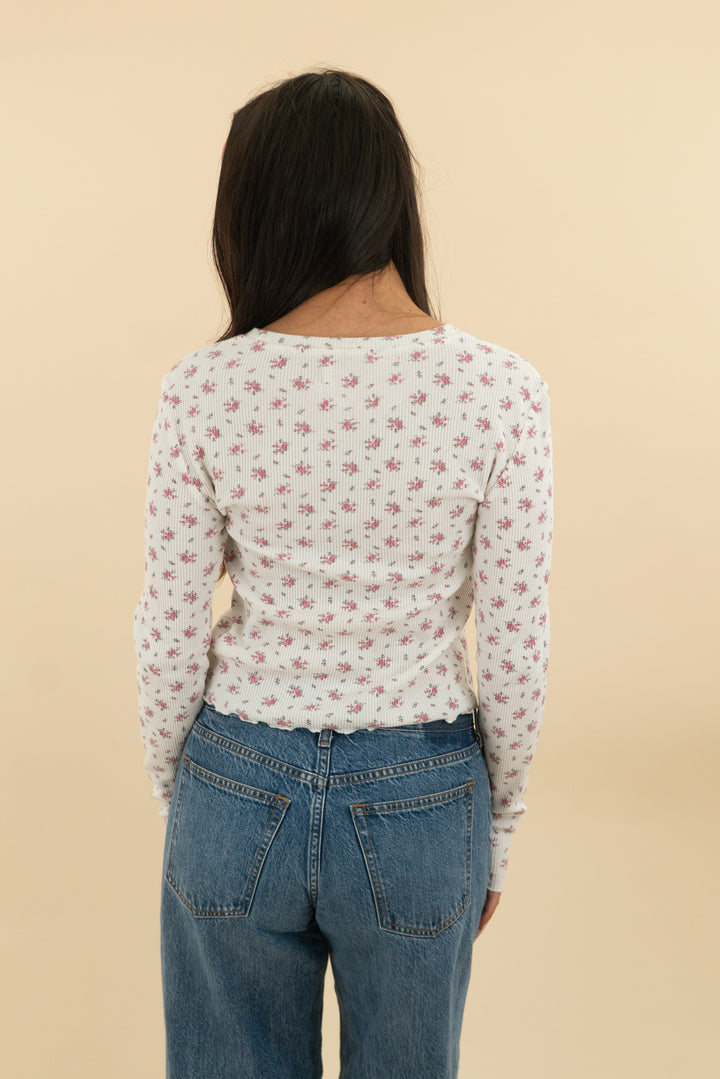lucky brand white pink floral waffle weave long sleeve top (m)