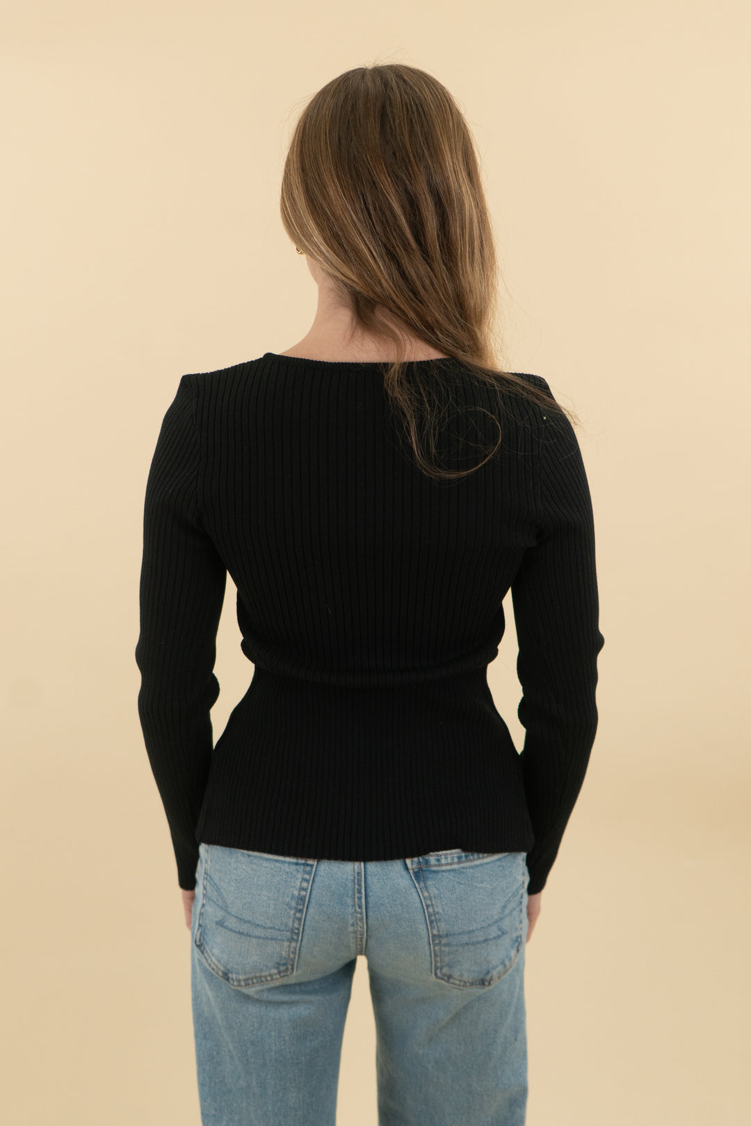 bardot black ribbed long sleeve top w/ gold buttons (s; retail $119)