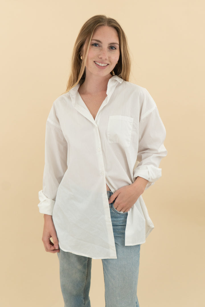 summersalt white button up long sleeve top (s: retail $75)