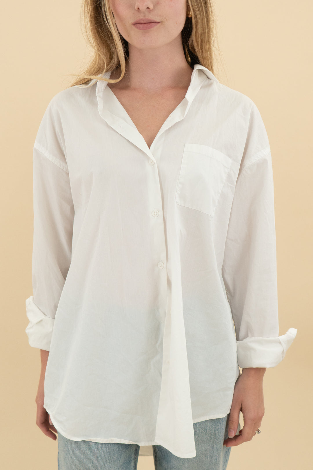 summersalt white button up long sleeve top (s: retail $75)