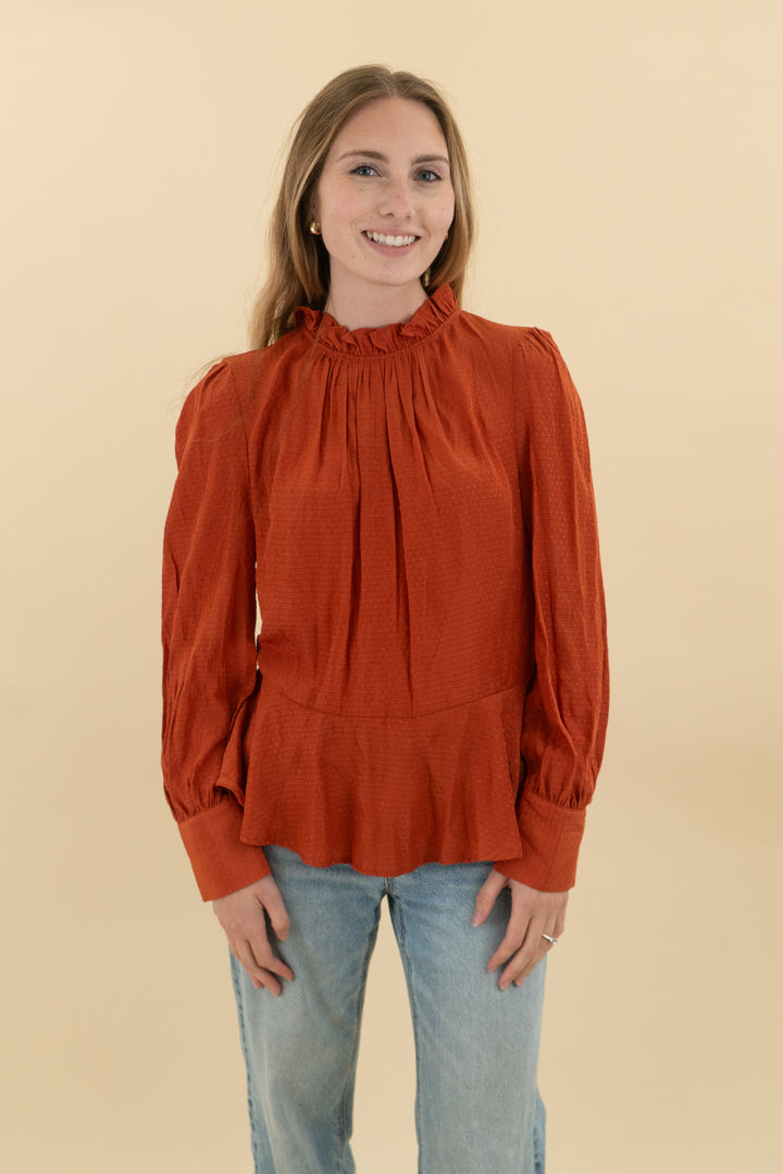 who wear what burnt orange textured long sleeve ruffle top nwt (s; retail $29.99)