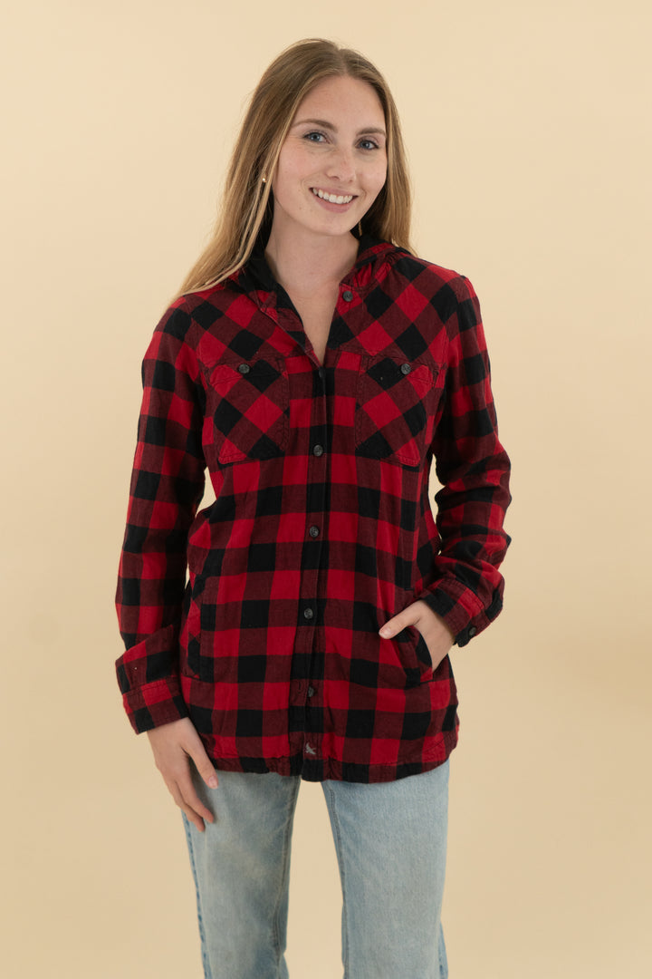eddie bauer black red plaid hooded flannel (xs: retail $75)