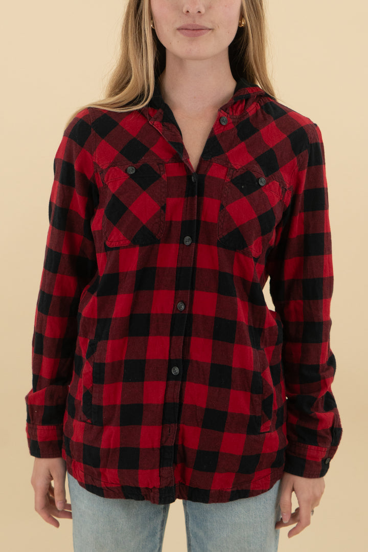 eddie bauer black red plaid hooded flannel (xs: retail $75)