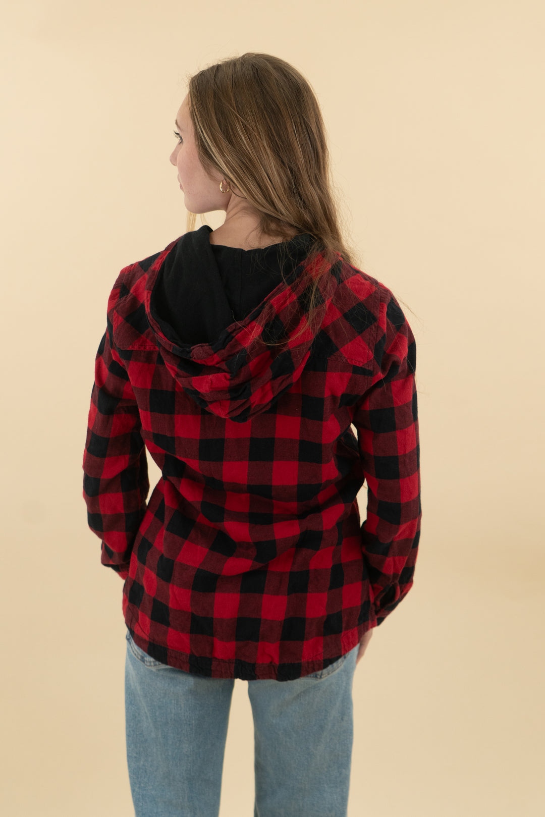eddie bauer black red plaid hooded flannel (xs: retail $75)