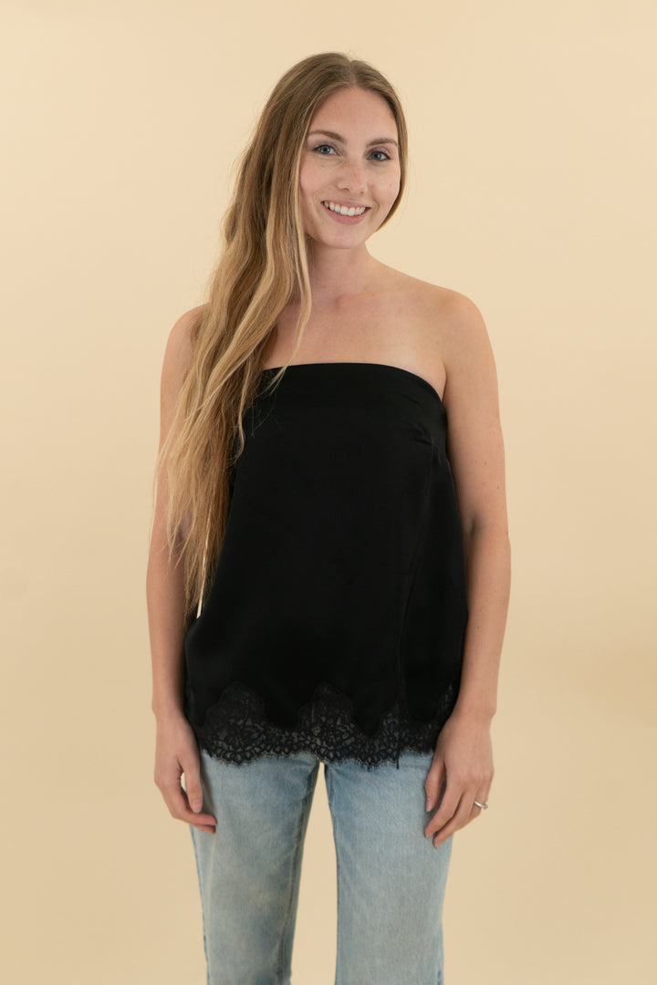 wilfred black satin lace strapless top (s; retail $110)