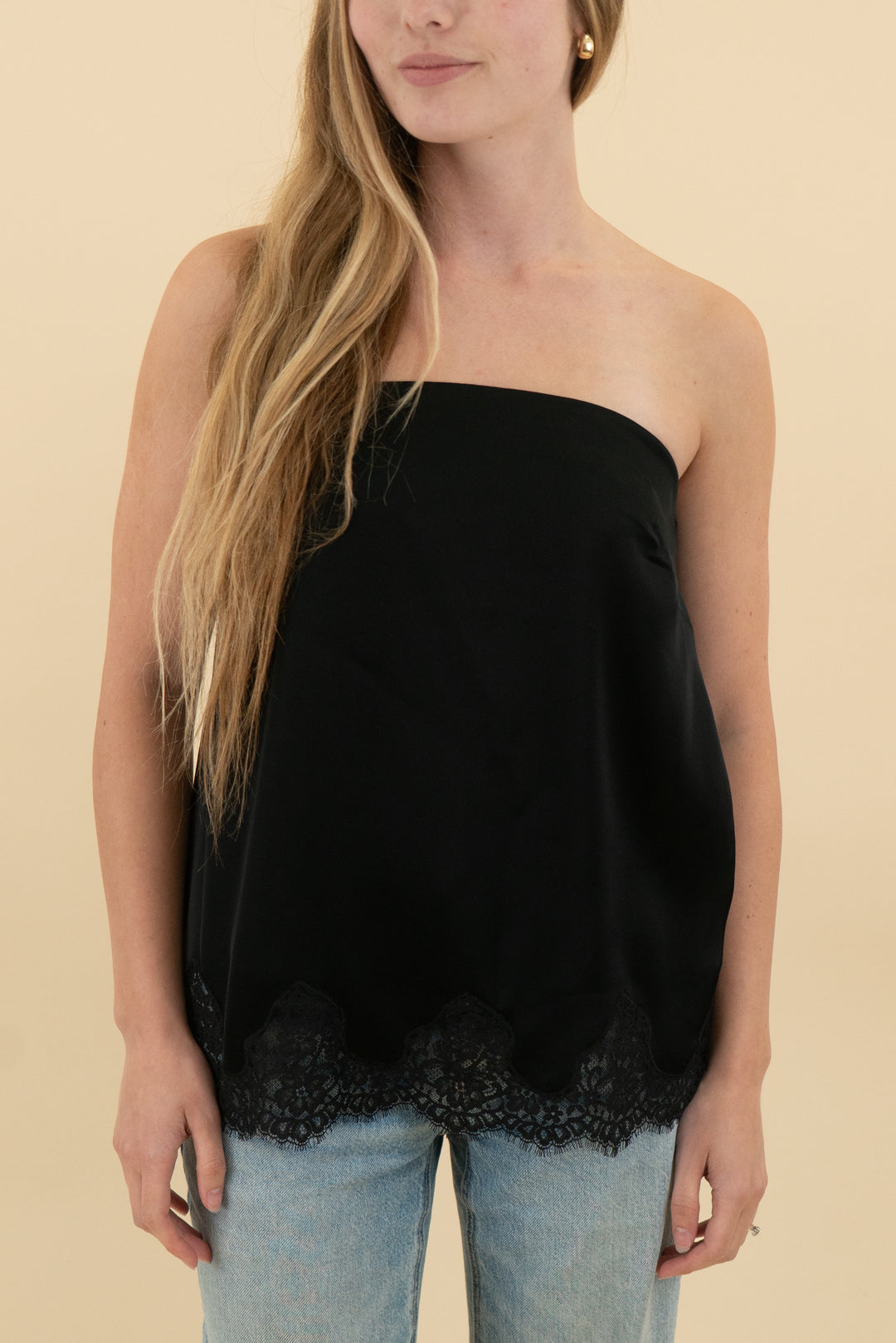 wilfred black satin lace strapless top (s; retail $110)