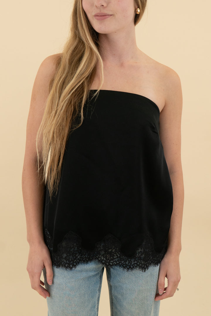 wilfred black satin lace strapless top (s; retail $110)