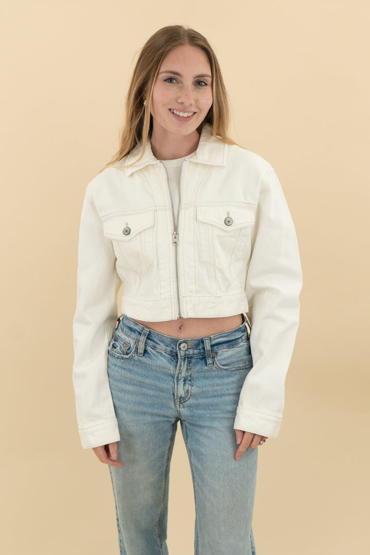 abercrombie & fitch cream zip denim jacket nwt (s; retail $90)