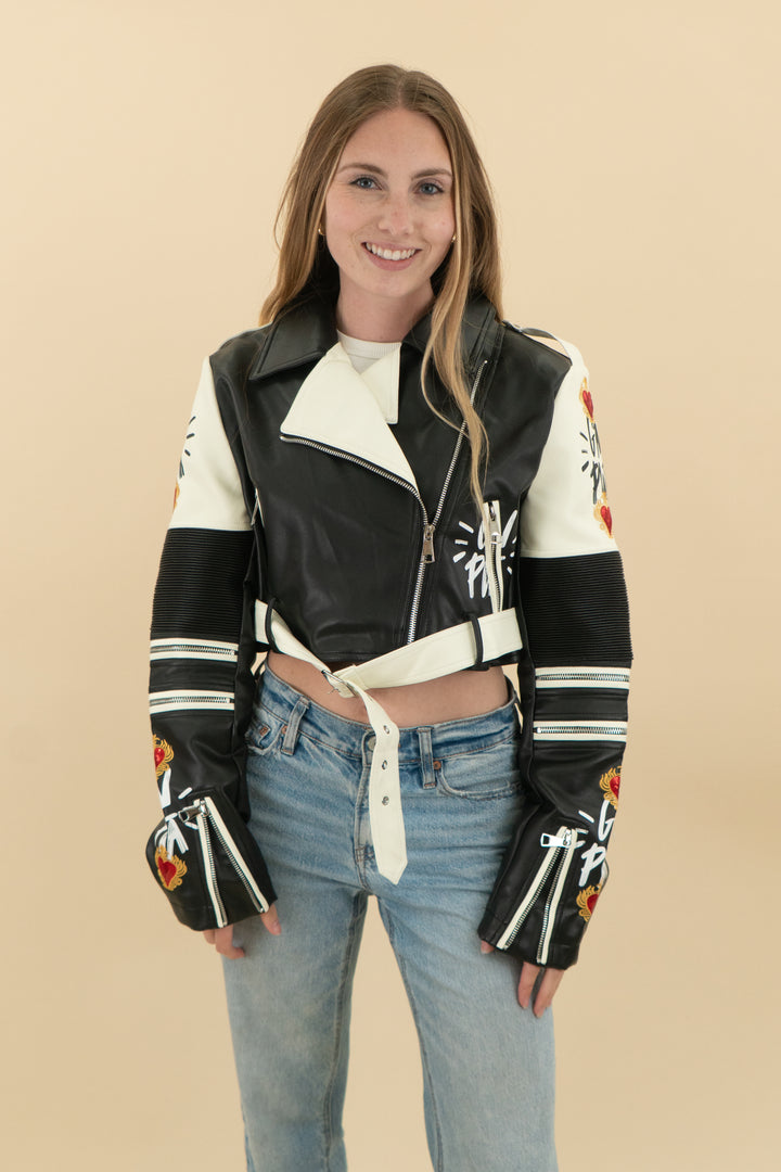 akira black/cream vegan leather graphic moto jacket (m; retail $150)