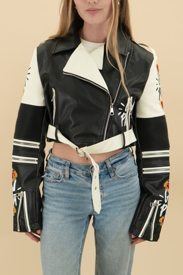 akira black/cream vegan leather graphic moto jacket (m; retail $150)