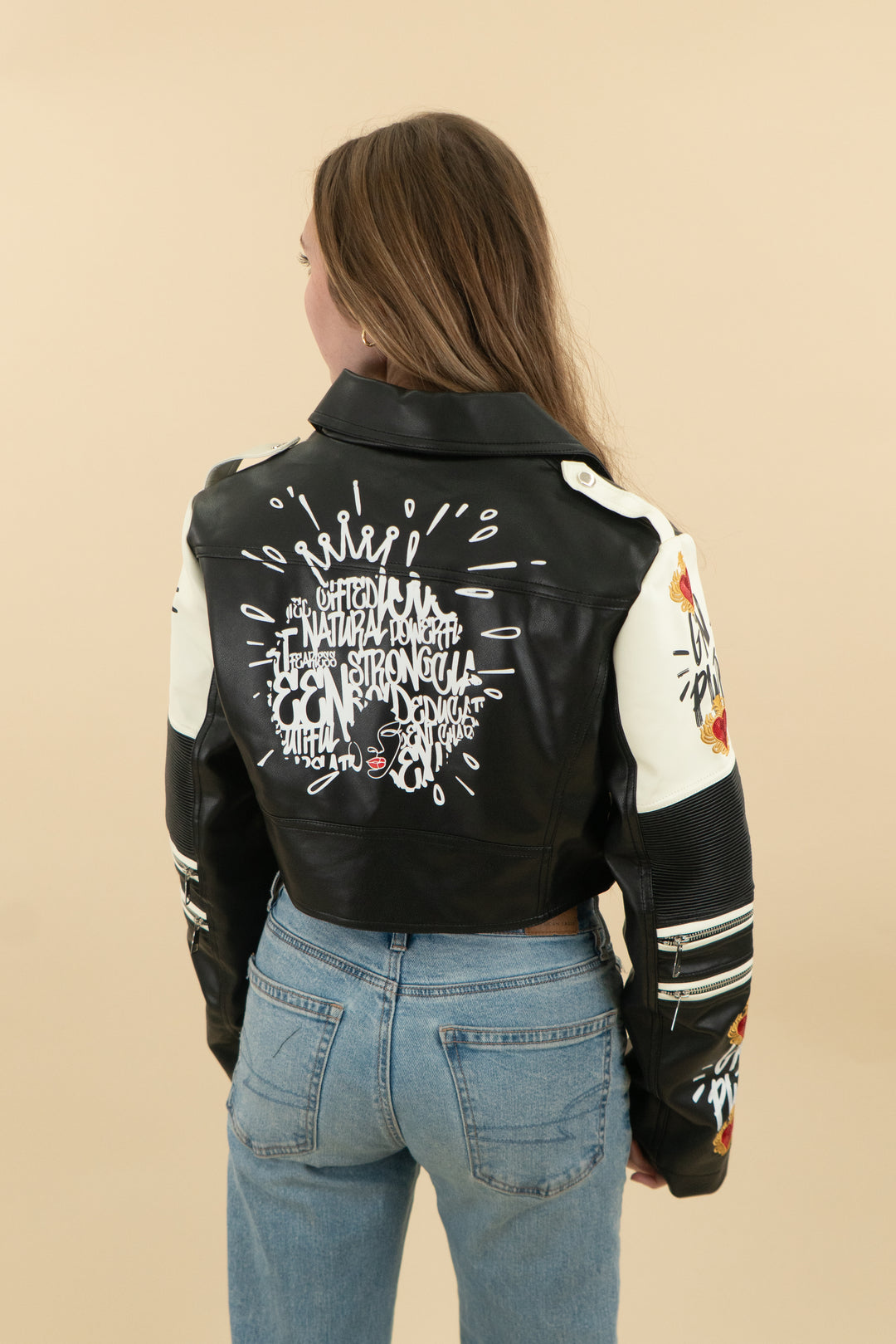 akira black/cream vegan leather graphic moto jacket (m; retail $150)