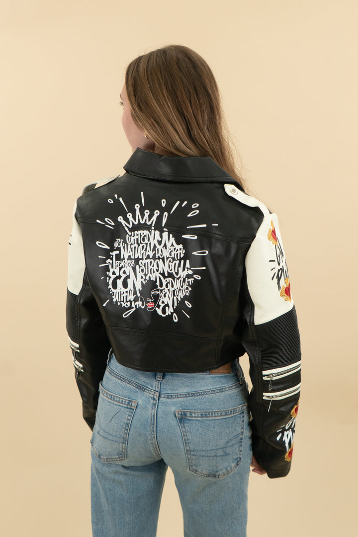 akira black/cream vegan leather graphic moto jacket (m; retail $150)