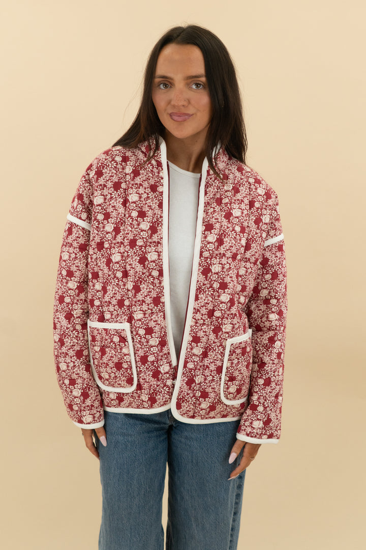 vici maroon cream floral quilted puffer jacket (s; retail $88)