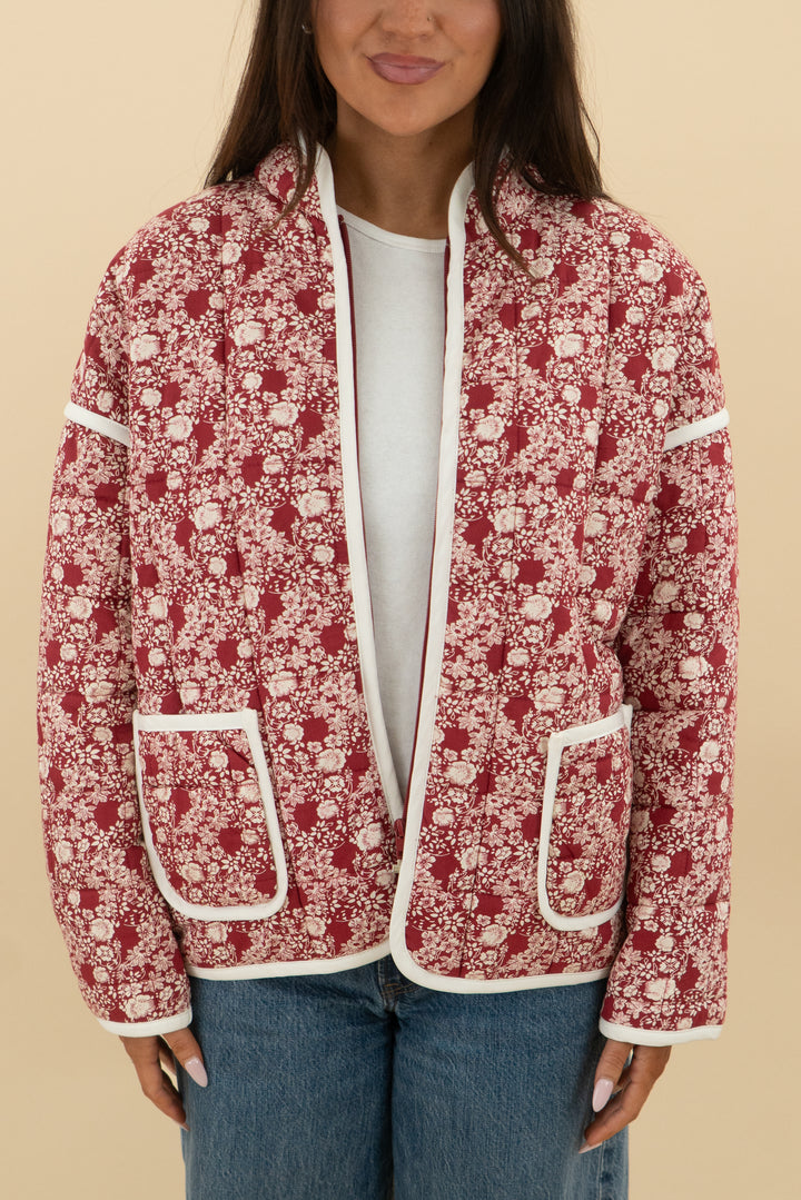 vici maroon cream floral quilted puffer jacket (s; retail $88)