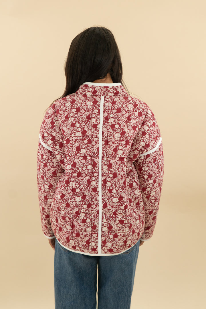 vici maroon cream floral quilted puffer jacket (s; retail $88)