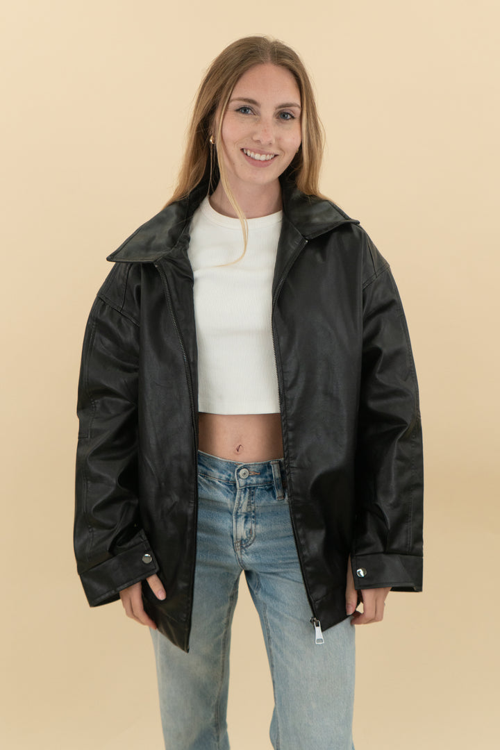 automet black vegan leather zip jacket (s; retail $60)