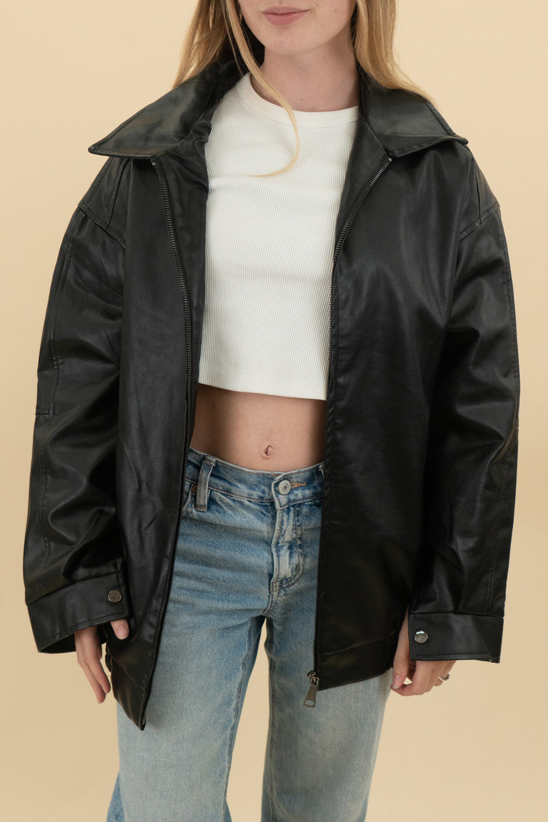 automet black vegan leather zip jacket (s; retail $60)