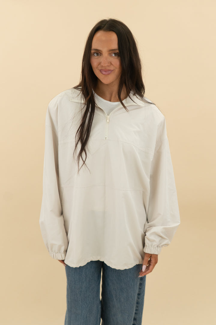 jluxlabel beige windbreaker pullover jacket (s/m; retail $92)