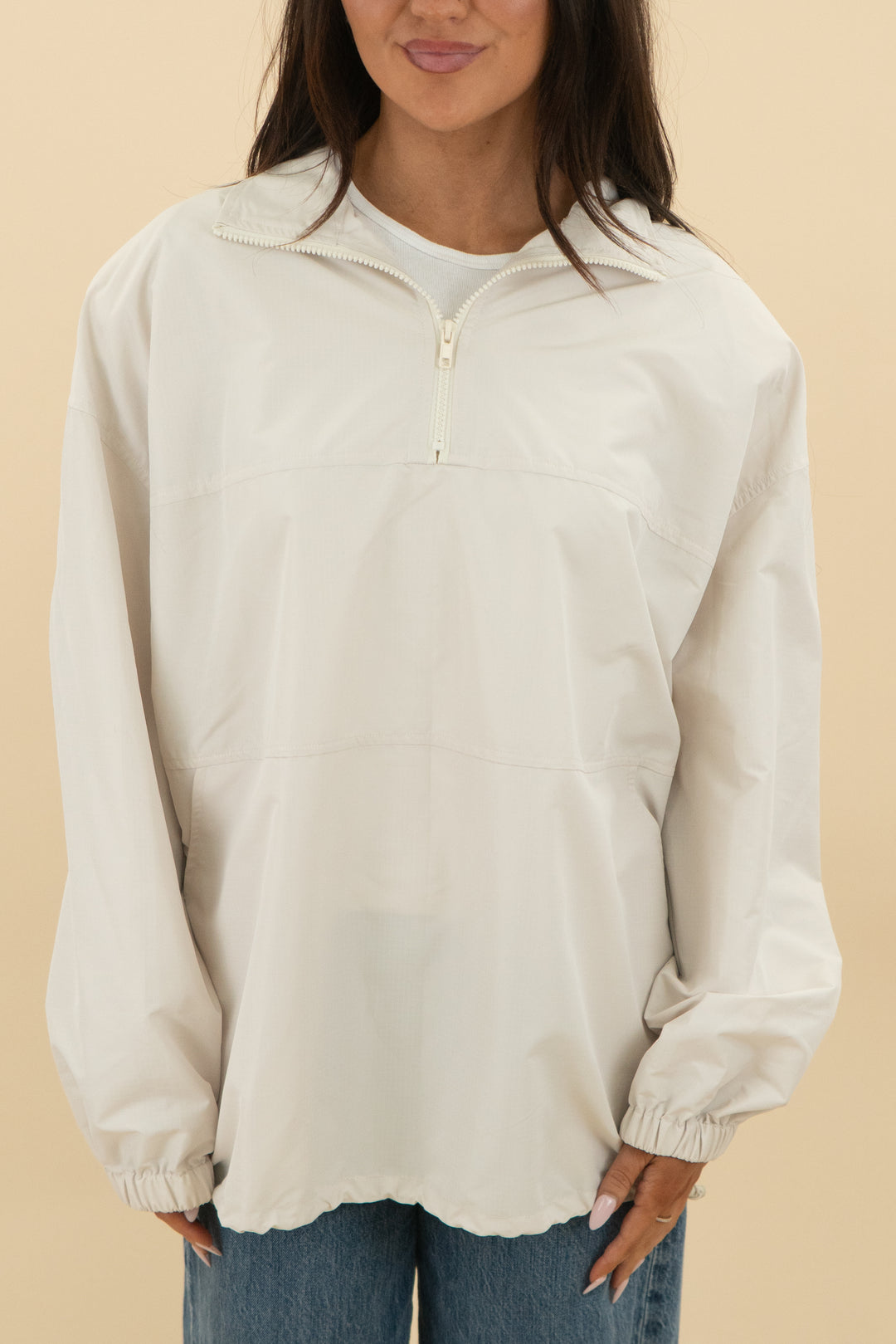 jluxlabel beige windbreaker pullover jacket (s/m; retail $92)