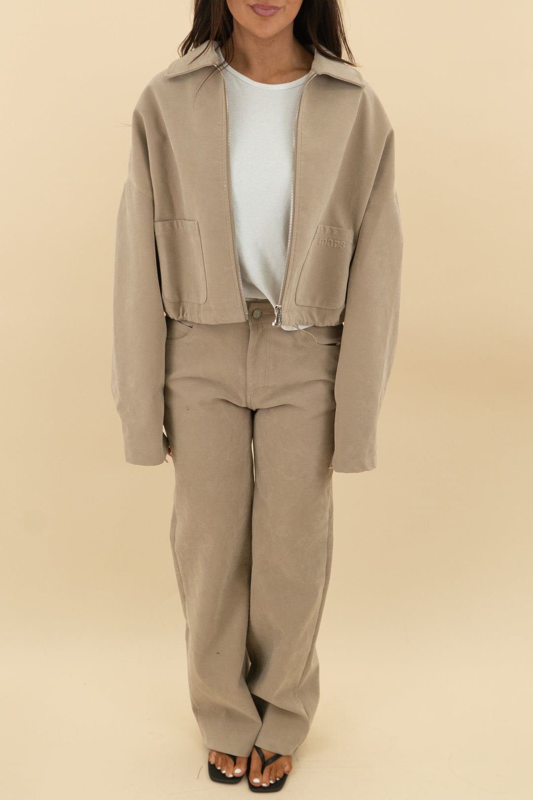 mars the label vegan suede jacket & pants set (US6/S; retail $160)