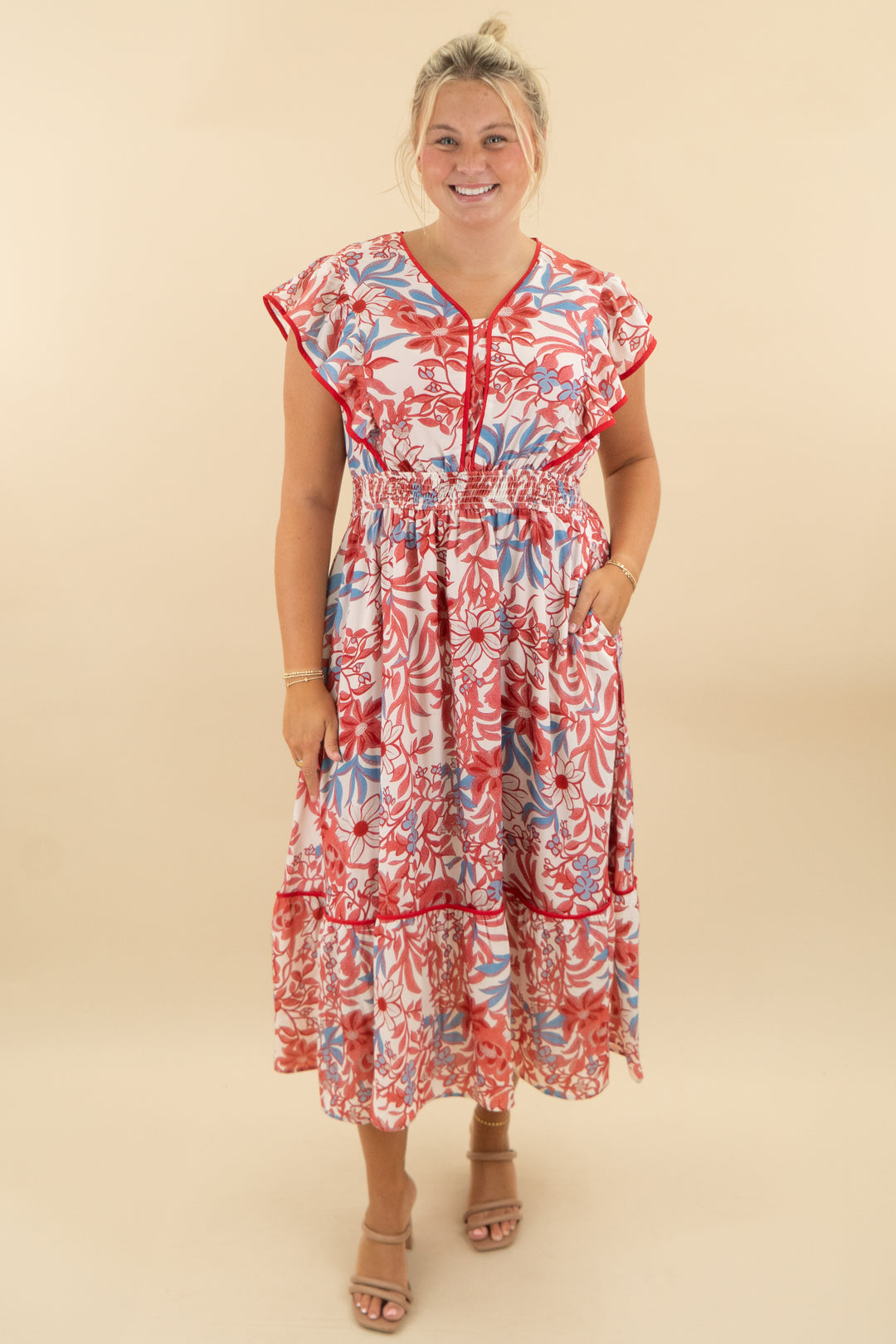 grace karin red/white/blue floral maxi dress (xl; retail $79)