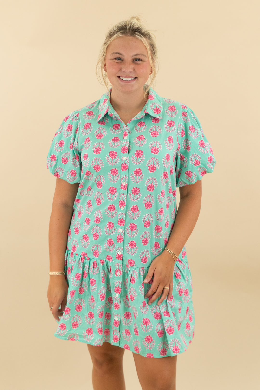 J Crew Green & Pink Floral Mini Dress (14; retail $109)