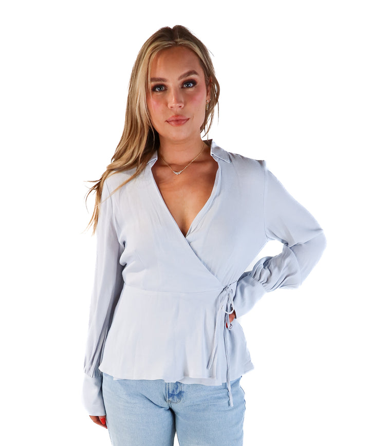 J.crew light blue wrap top (8; retail $50)