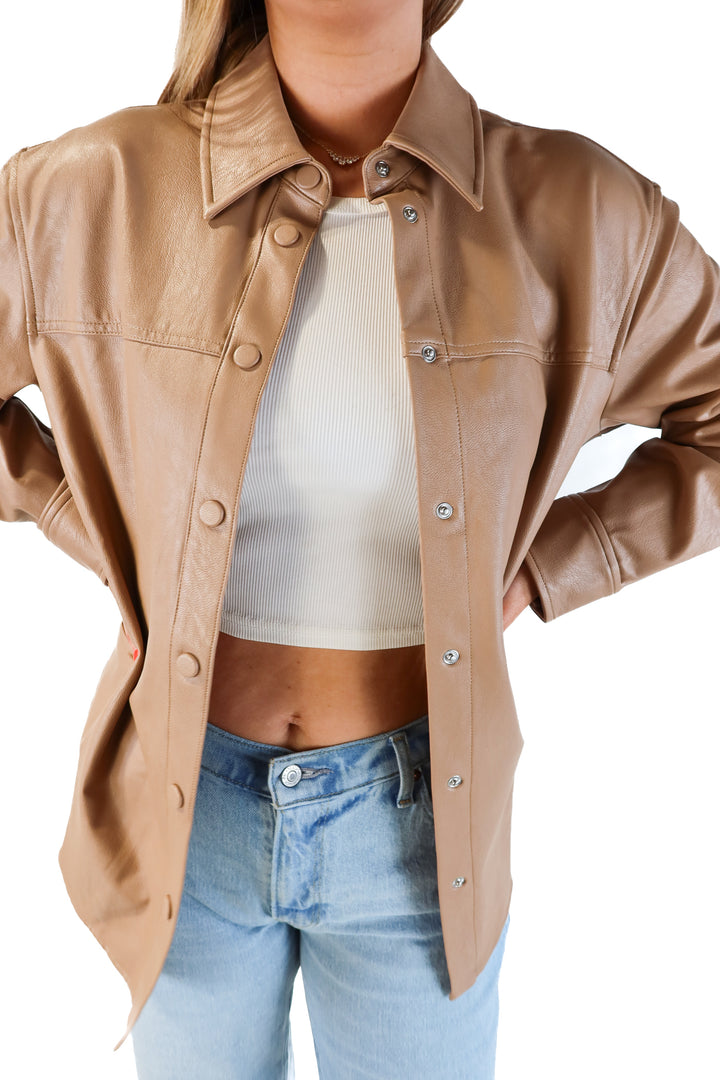 SOLD: Spanx brown faux leather shacket (m; retail $118)