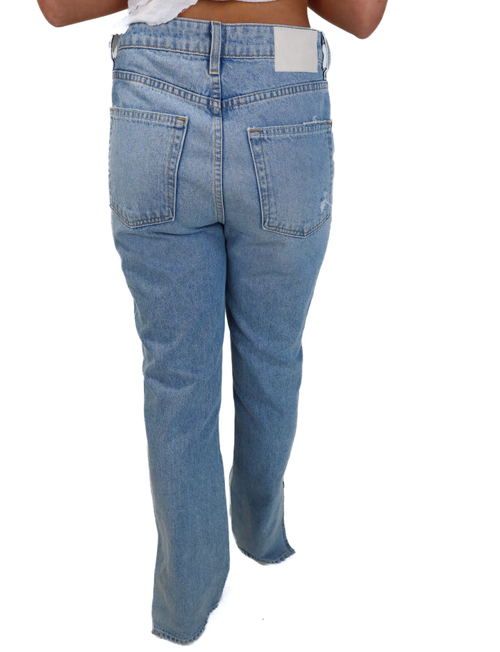 Grlfrnd light wash straight leg jeans (27; retail $225)