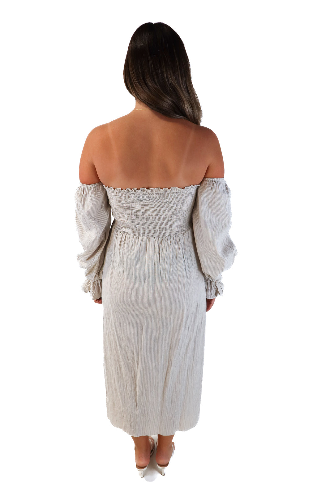Petal+pup white/tan striped maxi dress (6; retails for $89)