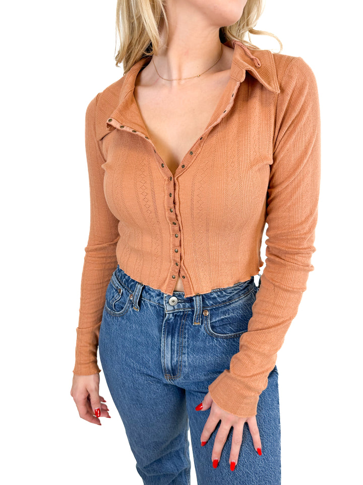 Free People Pointelle Long Sleeve Button Down Collared Top (S)