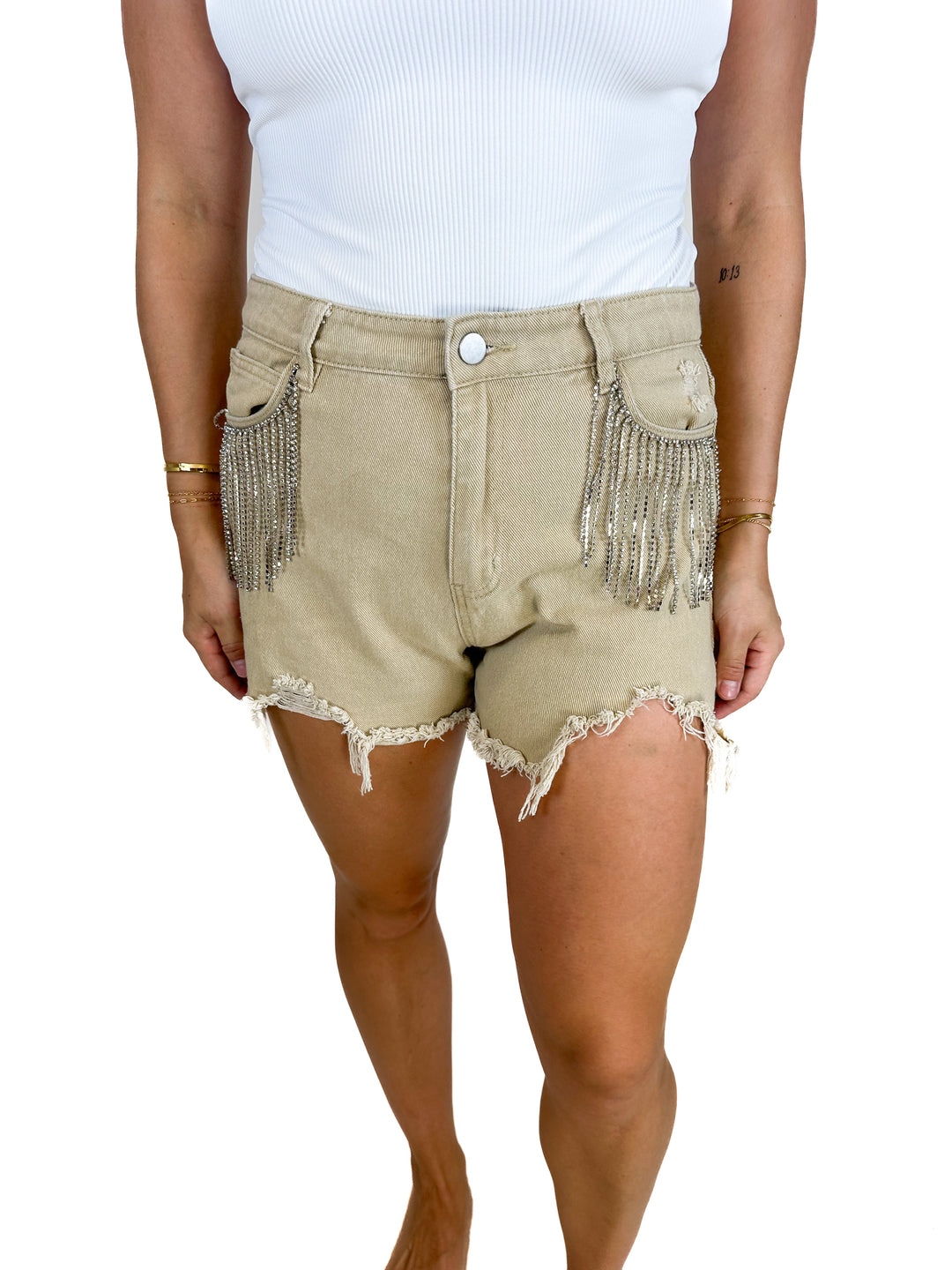 Blue B Collection Tan Jean Shorts With Rhinestone Fringe (L)