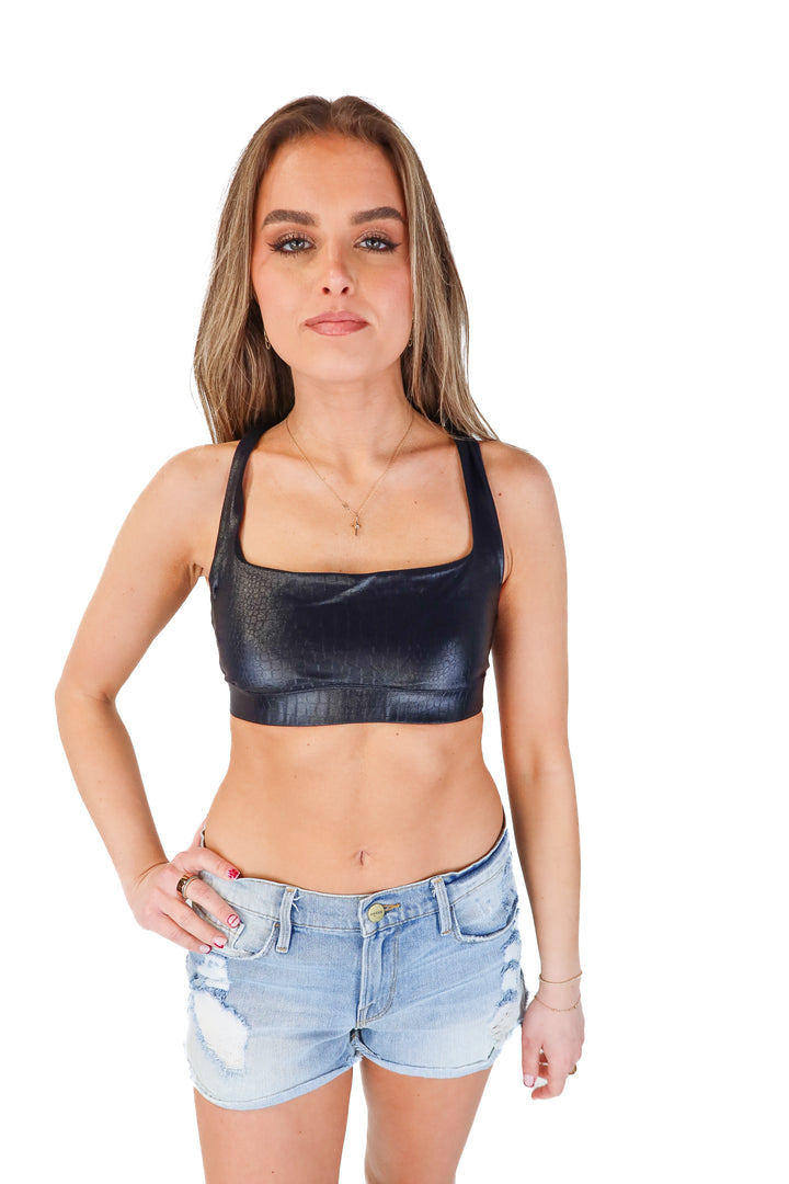 Carbon Shiny Black Croc Embossed Sports Bras (M)