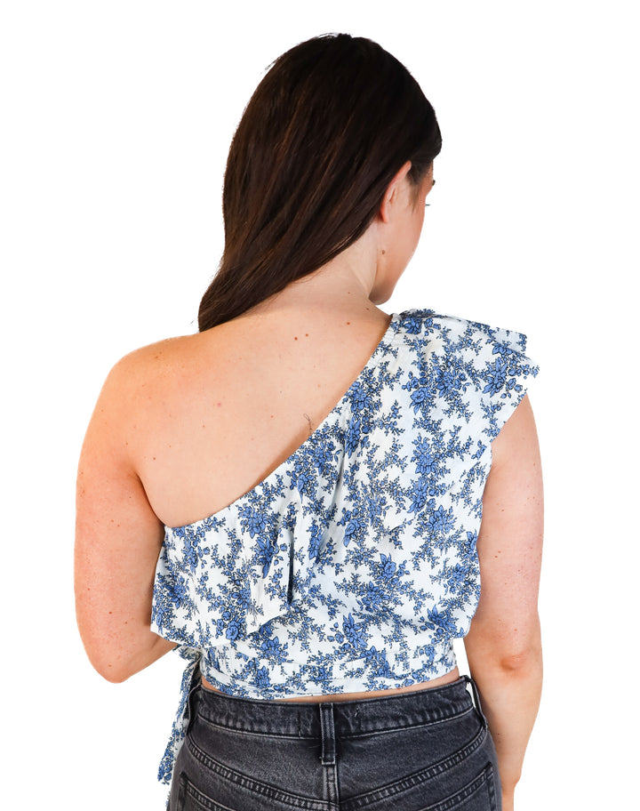 Chelsea & Violet blue floral one shoulder top (m; retail $99)