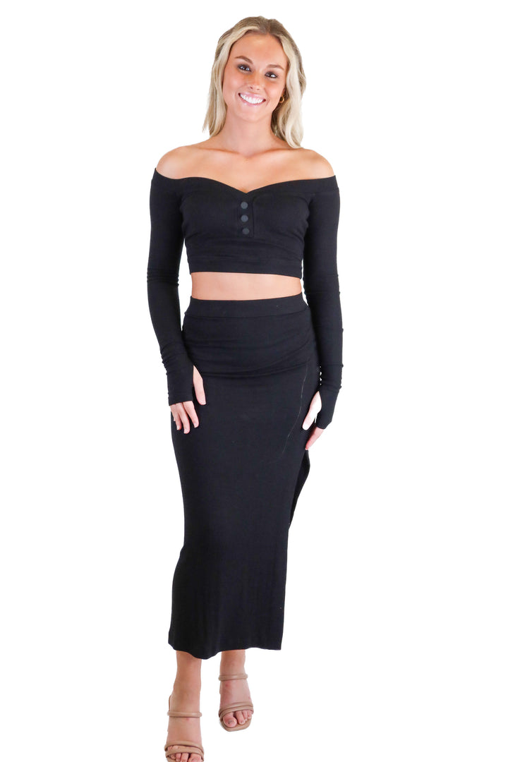 Alix NYC Black Knit Cropped Top & Midi Skirt Set (XS)