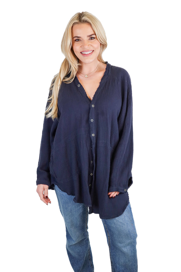we the free navy oversized button up (s)