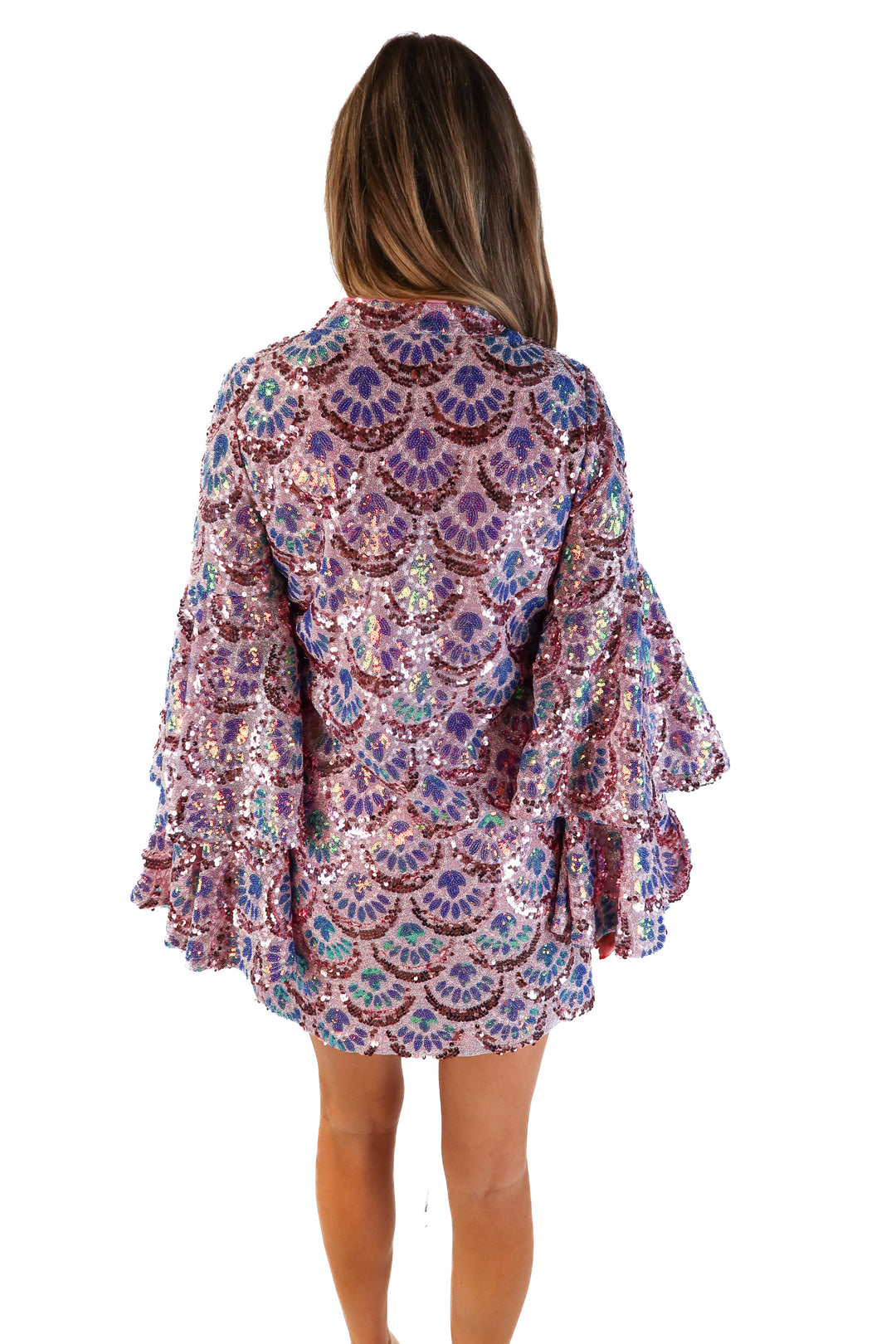 Buddy love purple sequin tiered sleeve dress (s; retail $180)