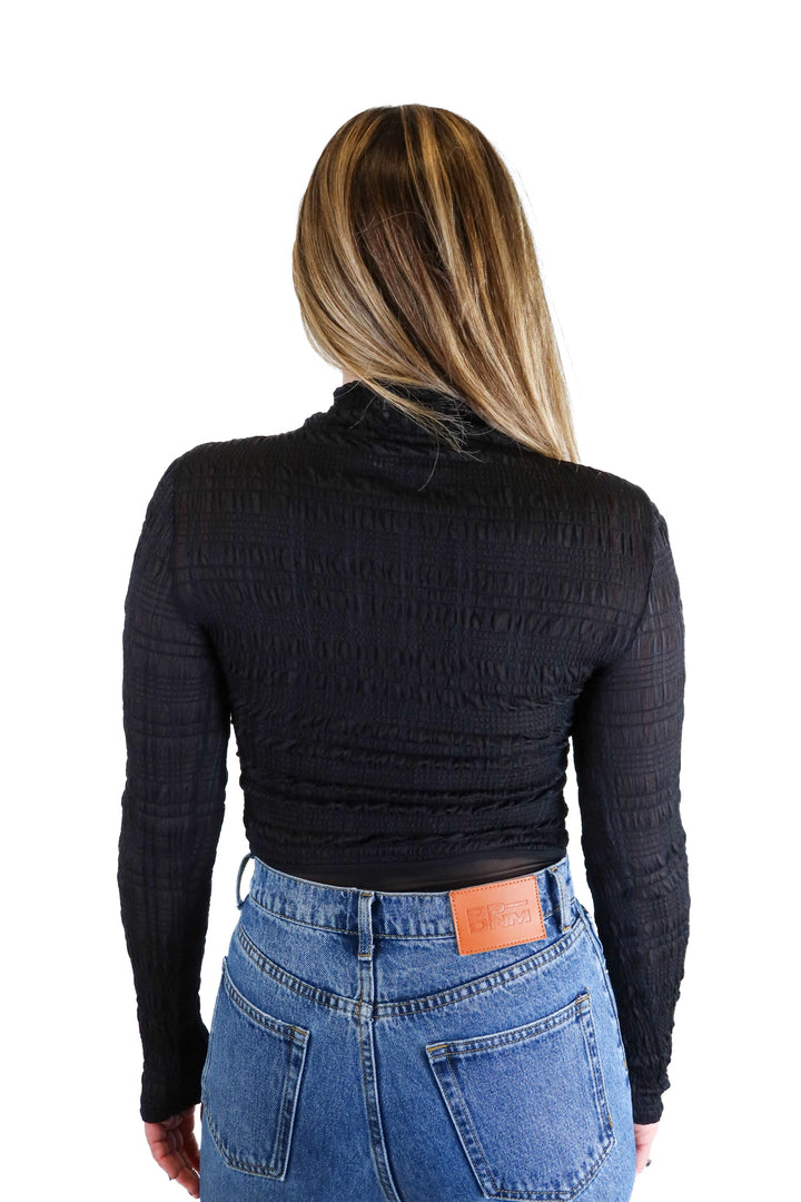 hello molly black sheer mockneck smocked bodysuit (s)