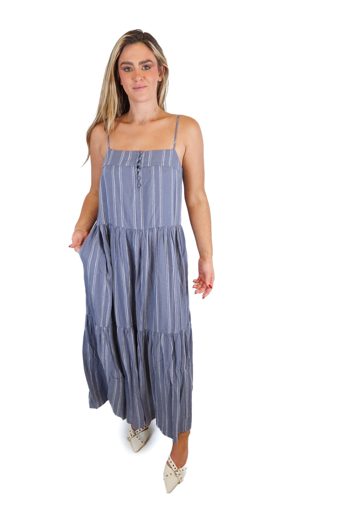 zsupply blue and white striped maxi dress (s; retail $79)