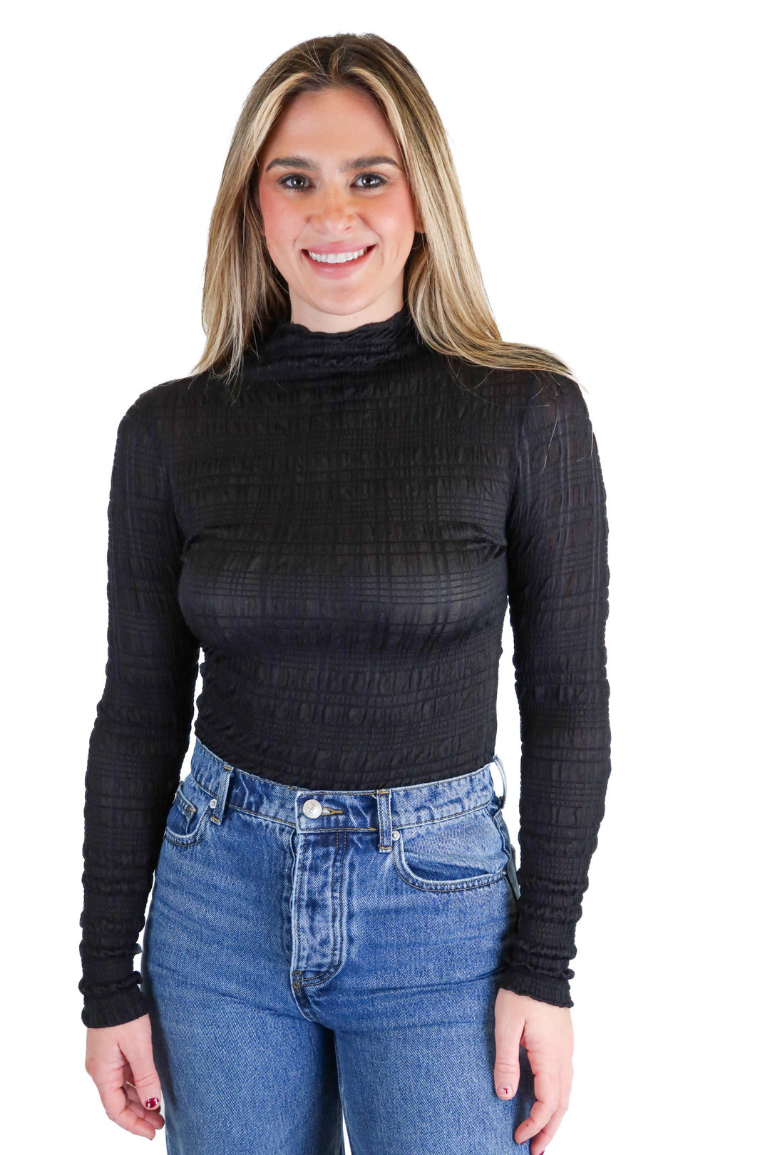 hello molly black sheer mockneck smocked bodysuit (s)
